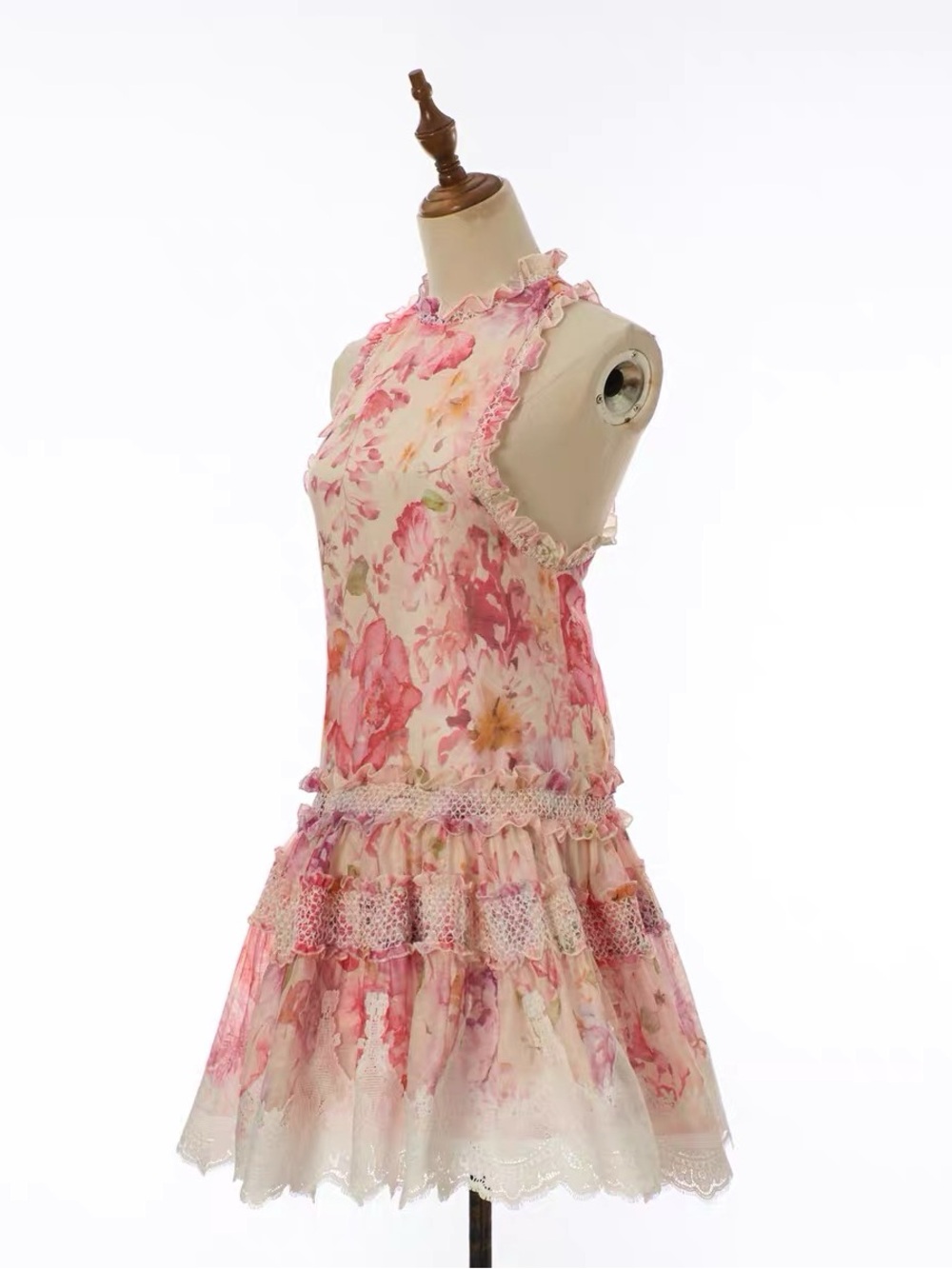 Designer-style Floral Pink Ruffled Halter Dress - Picture 2 of 15